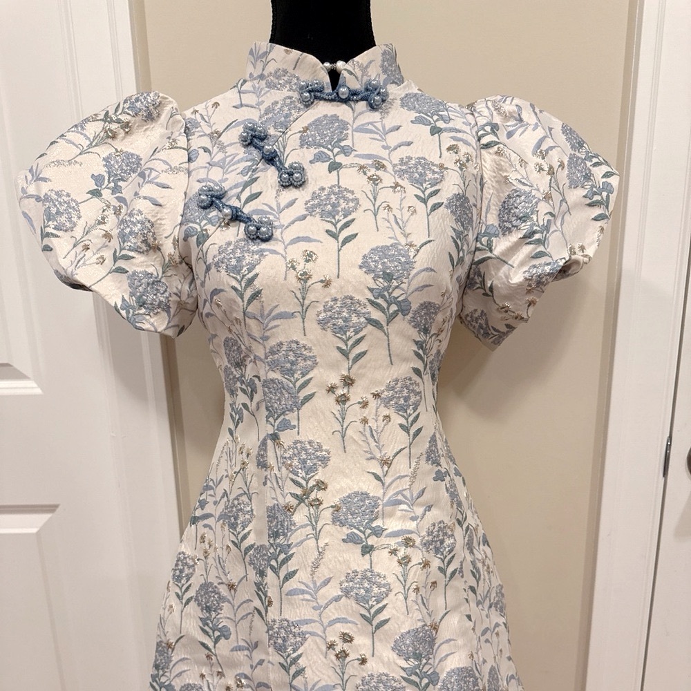 Floral Puff Sleeve Dress - Blue and Cream